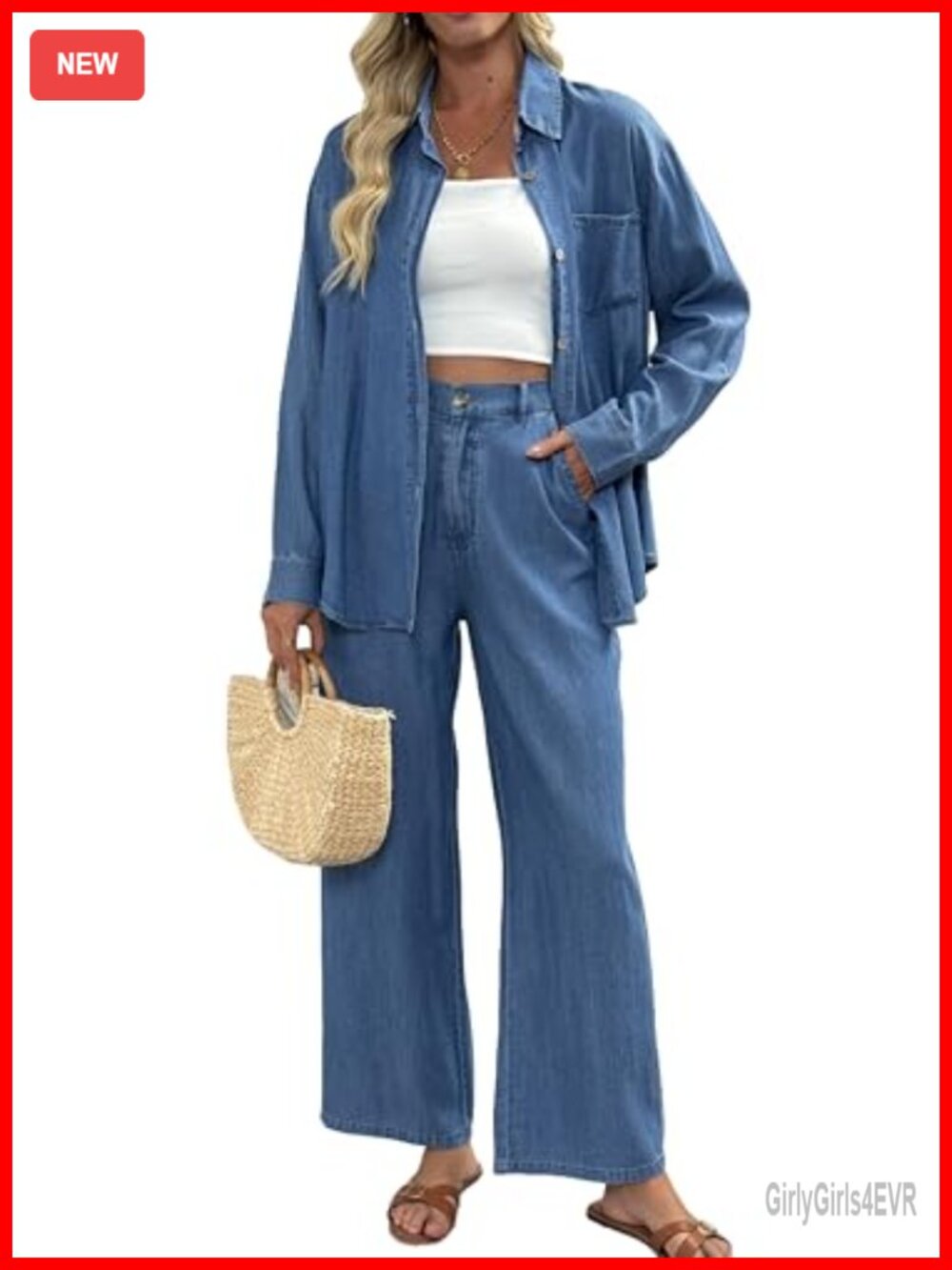 Women's 2 Piece Denim Set Lyocell Button Down Shirt Wide Leg Pant Suit
